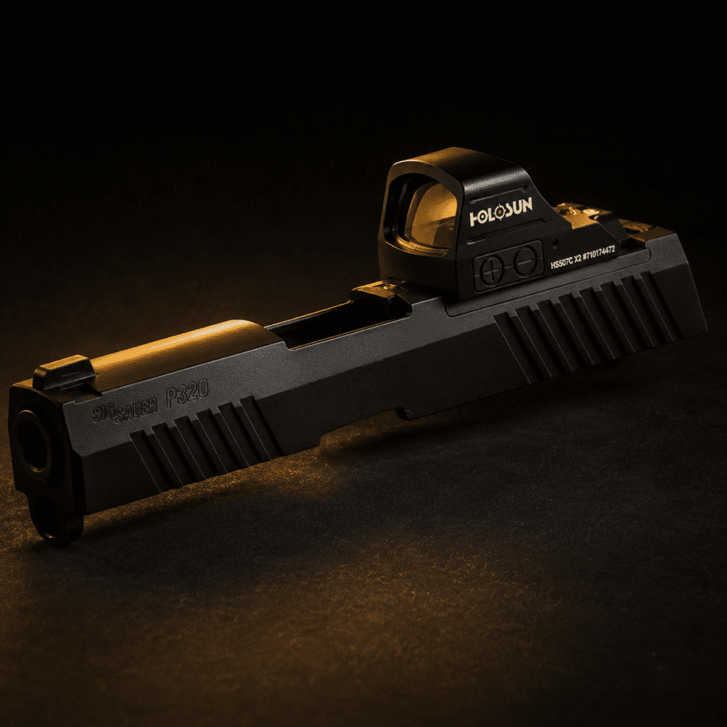 SIG P320 optic-ready slide with mounted Holosun red dot sight in matte black finish, photographed at a dramatic side angle with warm gold rim lighting on a dark surface.