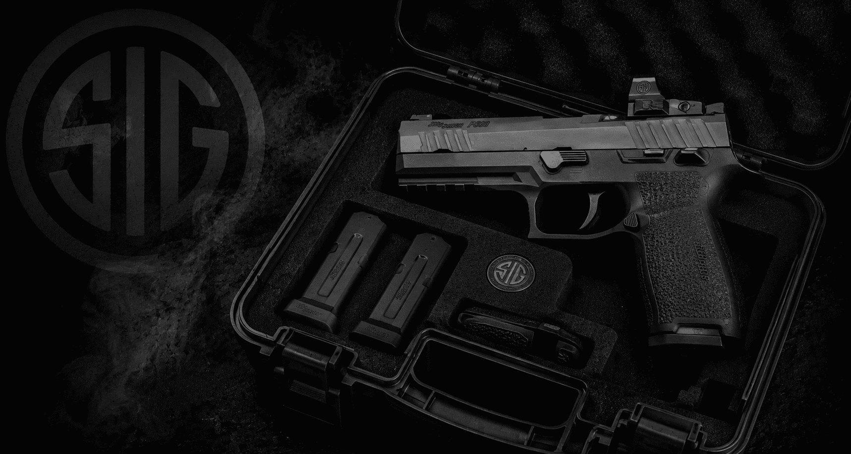 SIG Sauer pistol displayed inside a protective hard case with magazines and accessories on a dark smoky background featuring a subtle SIG logo.
