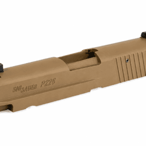Coyote Tan Sig Sauer P226 full-size slide isolated on a white background with realistic matte coating, black iron sights, and precision-machined serrations.