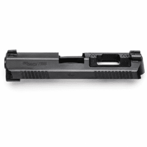 SIG P225 9mm optic-ready slide with matte black finish displayed in top-down product photography on white background