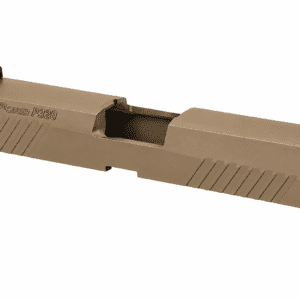 Flat Dark Earth (FDE) pistol slide resembling a SIG Sauer P320 isolated on a white background