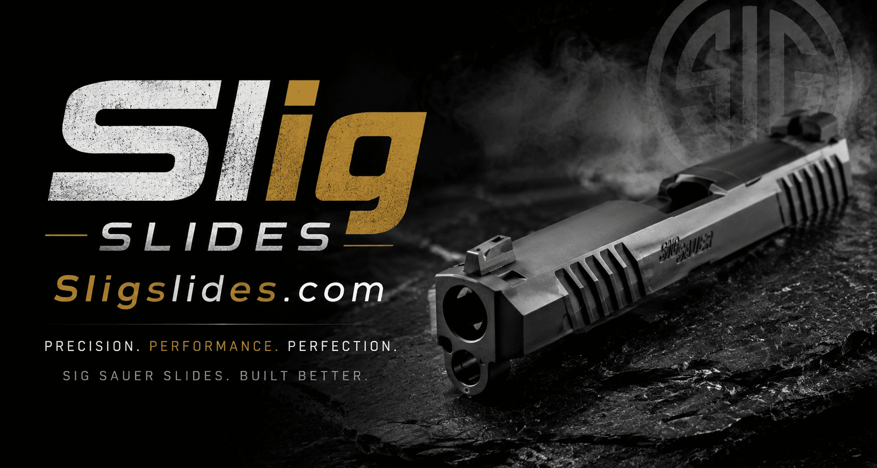 Hero banner for SIigslides.com featuring a custom SIG Sauer pistol slide on a dark industrial background with bold branding and performance-focused styling.