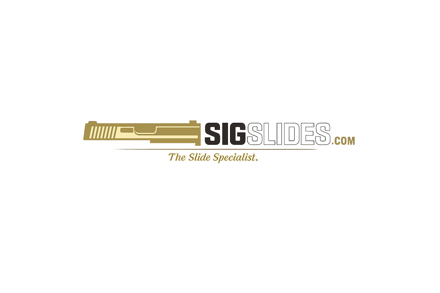 SigSlides.com firearms parts retailer logo with gold SIG Sauer slide silhouette and bold tactical wordmark