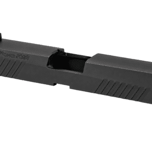 Matte black Nitron-finish pistol slide resembling a SIG Sauer P320 isolated on a white background