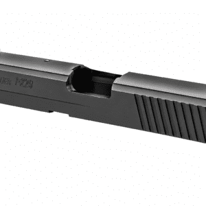 Matte black Nitron-finish pistol slide resembling a SIG Sauer P229 isolated on a white background